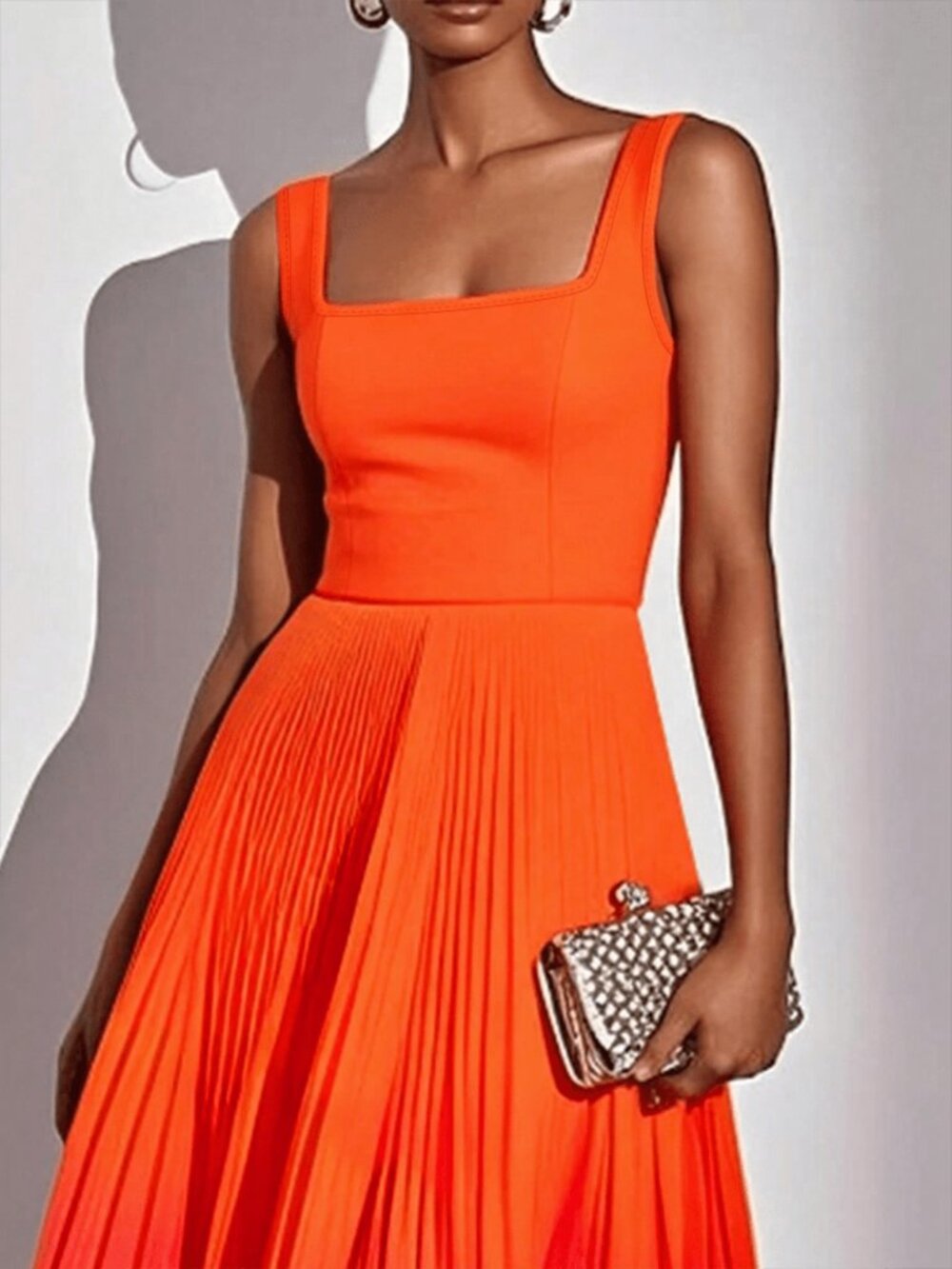 Orange Elegant Casual Women's Sleeveless Zipper Ombre Pleated Evening Dress - Picture 4 of 6